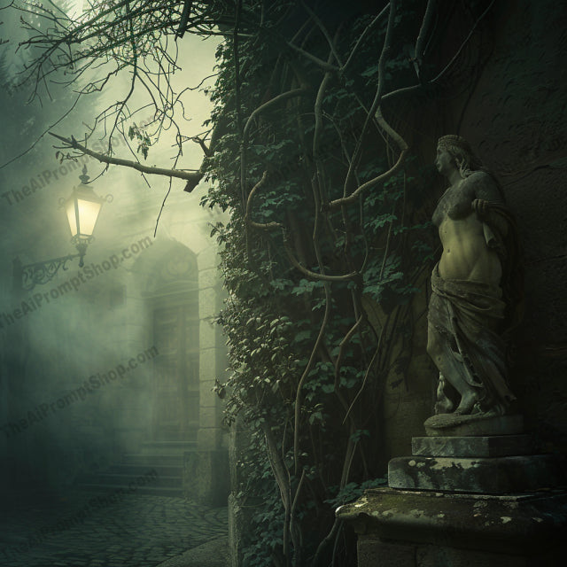 Abandoned Mystical Settings AI MidJourney Image Prompt, 8888 Fantasy, midjourney, abandoned, mystical, overgrown, greenery, dim light, eerie, mysterious, forgotten, ancient, enchanted, foliage, shadows, brick walls, stone doorway, lamp post, eerie glow, foggy, ivy-covered, sculpture, creepy, dark, ambient, desolate, silence, hidden, Midjourney, Ai, Ai Image Prompt, Image Prompt, Prompt