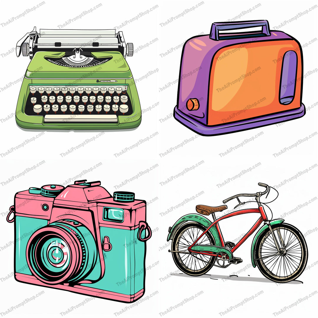 Retro Illustrations AI MidJourney Image Prompt, 9601 — A vibrant and colorful illustration in a retro style, featuring everyday objects such as a… — cover image