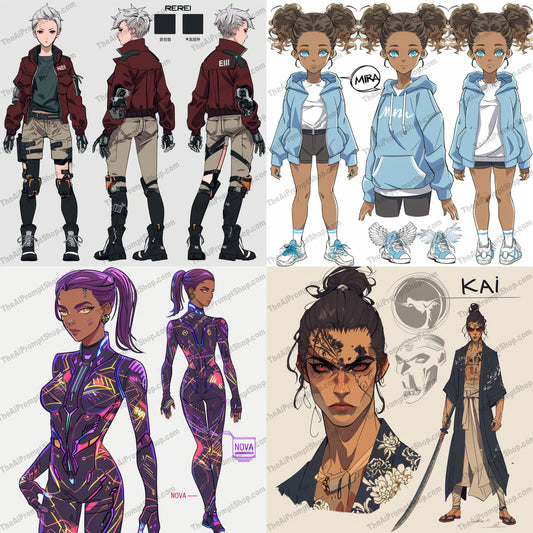 Character Art Compilation AI MidJourney Image Prompt, 9162 Character Art, midjourney, character, art, digital, illustration, design, clothing, accessories, vibrant, colors, unique, detailed, futuristic, cyberpunk, urban, anime, style, trend, creative, expressive, distinctive, fashion, Midjourney, Ai, Ai Image Prompt, Image Prompt, Prompt