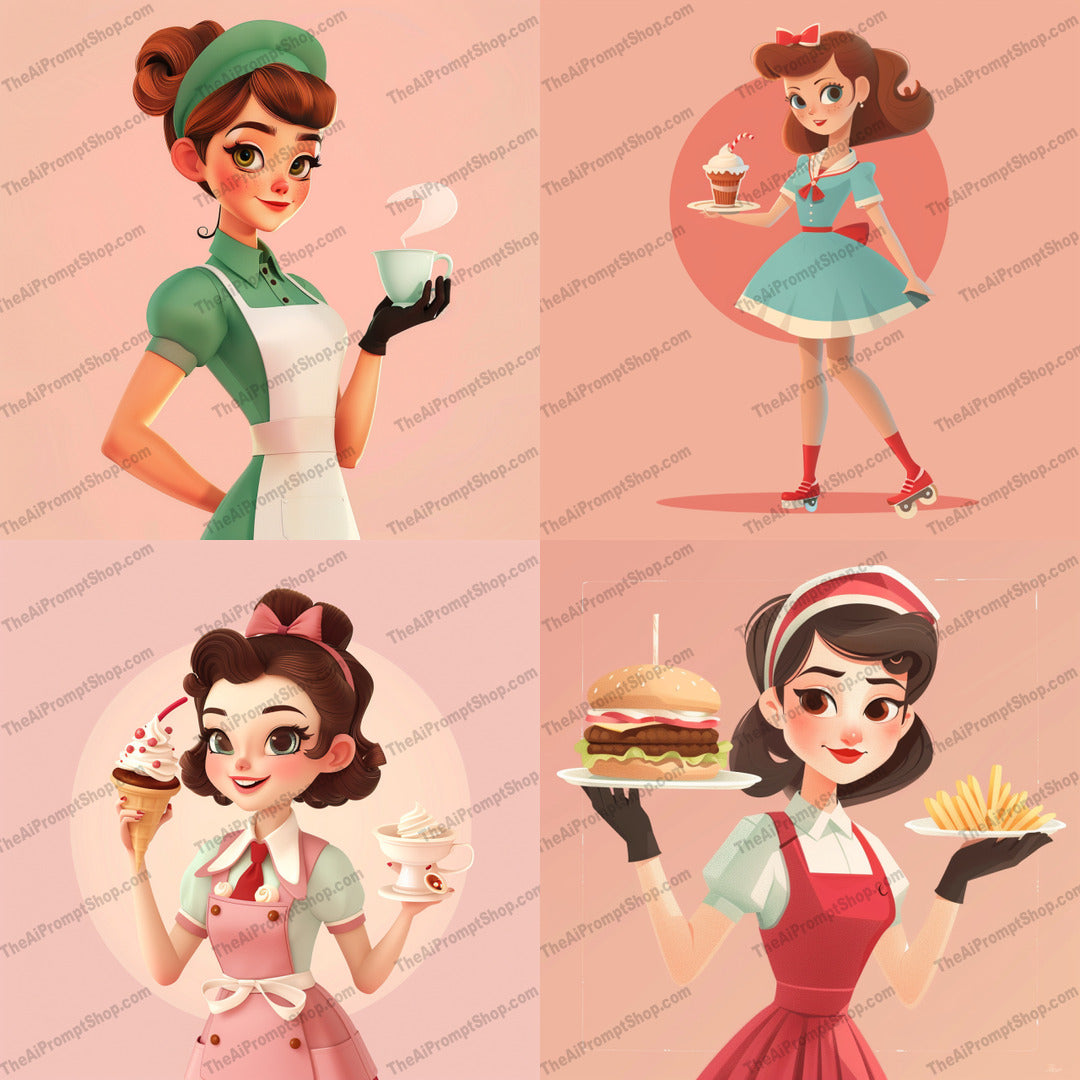 Retro Waitresses AI MidJourney Image Prompt, 9205 Portraits & People, midjourney, retro, waitress, illustration, vintage, diner, mid-20th century, nostalgia, uniform, stylish, character, artwork, vibrant, charming, poised, aesthetic, culture, 1950s, classic, feminine, service, Midjourney, Ai, Ai Image Prompt, Image Prompt, Prompt