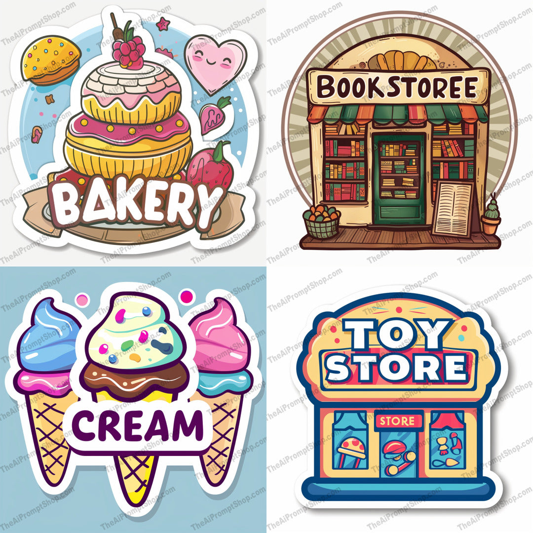 Cute Storefront and Dessert-themed Illustration AI MidJourney Image Prompt, 9565 Stickers, midjourney, cute, storefront, dessert, illustration, playful, colorful, whimsical, charming, creative, fun, bakery, bookstore, ice cream, toy store, cartoon, graphic, design, shop, sweet, food, art, Midjourney, Ai, Ai Image Prompt, Image Prompt, Prompt