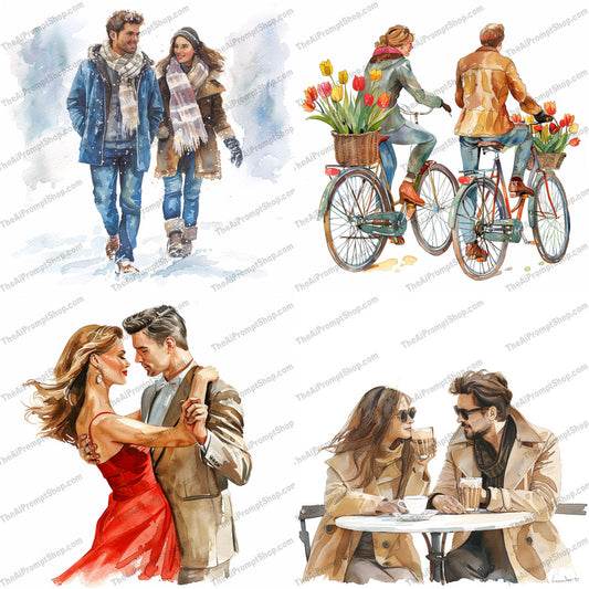 Romantic Couple Illustrations AI MidJourney Image Prompt, 9063 Portraits & People, midjourney, Romance, Couple, Love, Affection, Romantic Scenes, Couples in Winter, Couples Biking, Dancing Couple, Coffee Date, Watercolor, Illustration, Art, Warmth, Tender Moments, Flowers, Bicycles, Winter Clothing, Red Dress, Evening Wear, Cafe, Midjourney, Ai, Ai Image Prompt, Image Prompt, Prompt