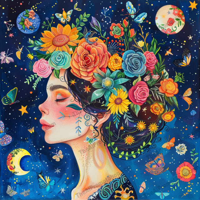 Starlit Floral Fantasy AI MidJourney Image Prompt, 8979 Florals, midjourney, starlit, floral, fantasy, enchanting, whimsical, celestial, cosmic, night, ethereal, magical, dreamy, vibrant, flowers, characters, moon, stars, planets, nature, art, illustration, Midjourney, Ai, Ai Image Prompt, Image Prompt, Prompt