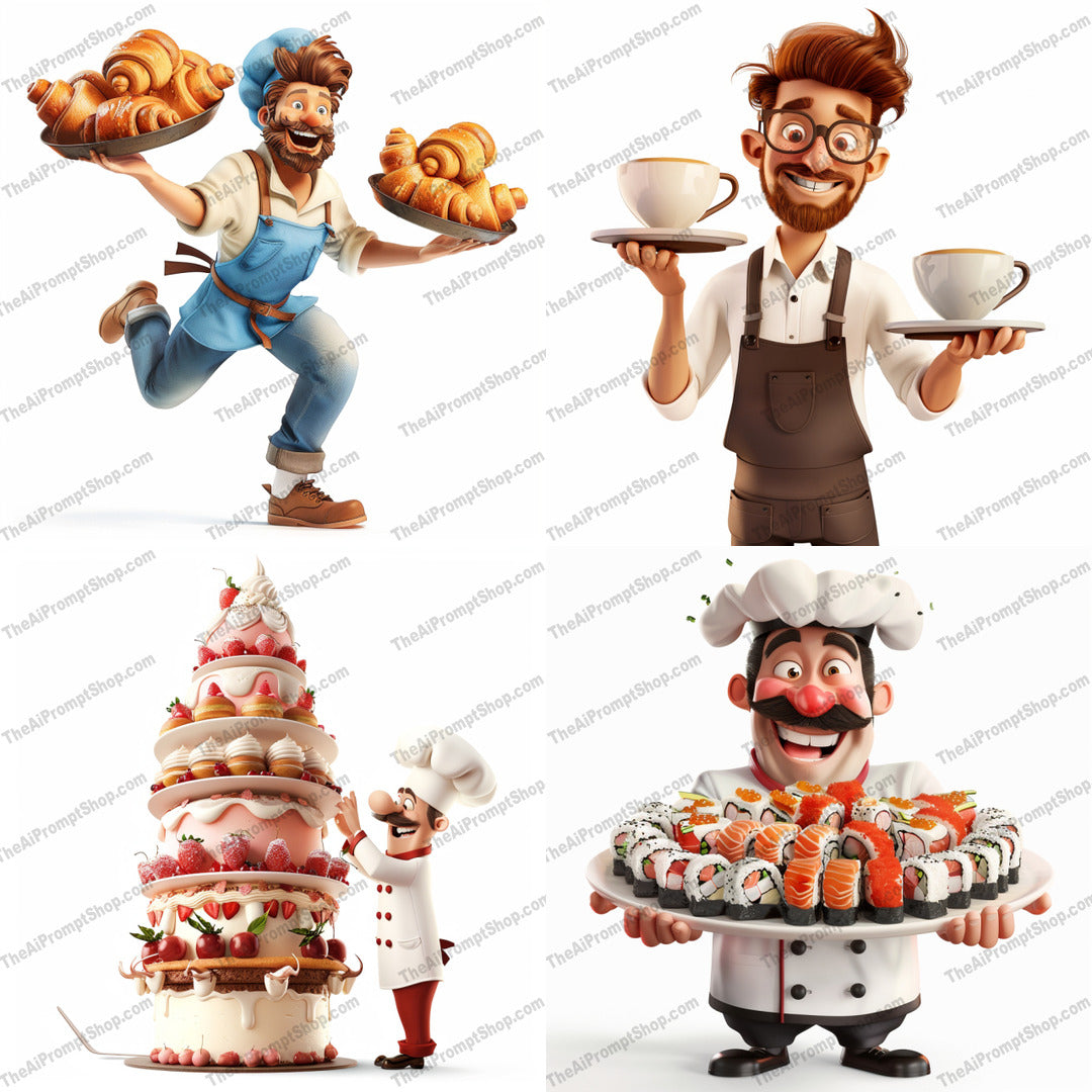 Cheerful Culinary Characters AI MidJourney Image Prompt, 8765 Animals, midjourney, chef, baker, croissants, coffee, cake, sushi, food, culinary, character, cartoon, baking, pastry, desserts, gourmet, cooking, animation, fun, playful, kitchen, delicious, Midjourney, Ai, Ai Image Prompt, Image Prompt, Prompt