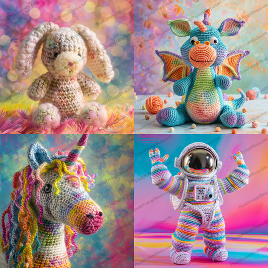 Colorful Crochet Creations AI MidJourney Image Prompt, 9340 Animation & Cartoons, midjourney, crochet, colorful, yarn, handmade, knitting, crocheted toy, whimsical, playful, craft, art, creative, design, multicolored, cute, adorable, soft, crochet art, vibrant, crafting, kids, decor, rainbow, amigurumi, fiber art, crochet design, Midjourney, Ai, Ai Image Prompt, Image Prompt, Prompt