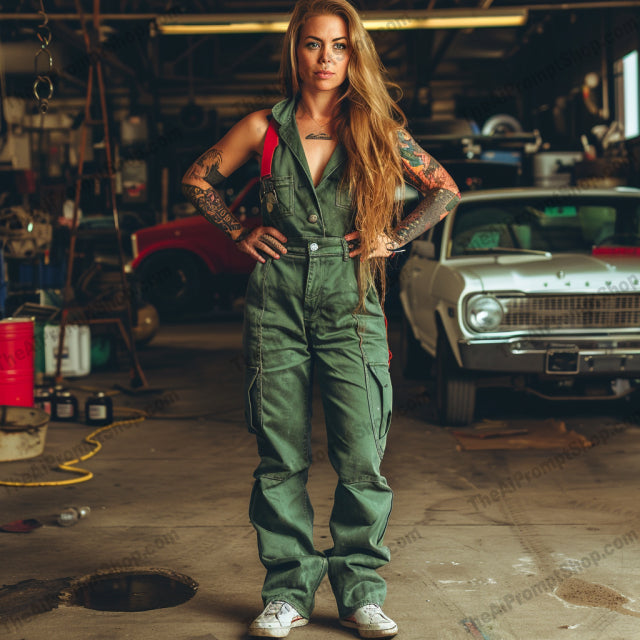 Mechanic Fashion in the Garage AI MidJourney Image Prompt, 9512 Character Art, midjourney, mechanic, fashion, garage, style, overalls, industrial, vintage cars, authentic, rugged, aesthetic, hard work, dedication, modern, colorful overalls, tattoos, edgy, raw, composition, industrial backdrop, vintage vehicles, Midjourney, Ai, Ai Image Prompt, Image Prompt, Prompt