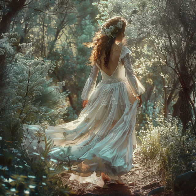 Dreamy Forest Princess AI MidJourney Image Prompt, 8659Ai, Ai Image Prompt, Animation & Cartoons, art, beauty, dreamy, elegant, enchanting, ethereal, fantasy, flowers, forest, gown, Image Prompt, lake, magical, midjourney, mystical, nature, princess, Prompt, romantic, scenic, serene, tranquil, woodland