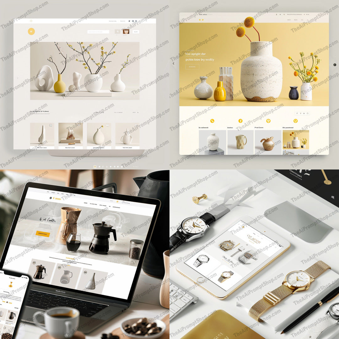 Sleek Modern Product Mockups AI MidJourney Image Prompt, 9234 Mockups - Products, midjourney, product mockup, modern design, sleek style, minimalist vases, flower arrangement, coffee setup, elegant watches, product presentation, clean aesthetic, sophisticated design, marketing material, digital display, advertising, visual merchandising, contemporary, fashionable, stylish, luxury products, brand promotion, digital marketing, Midjourney, Ai, Ai Image Prompt, Image Prompt, Prompt