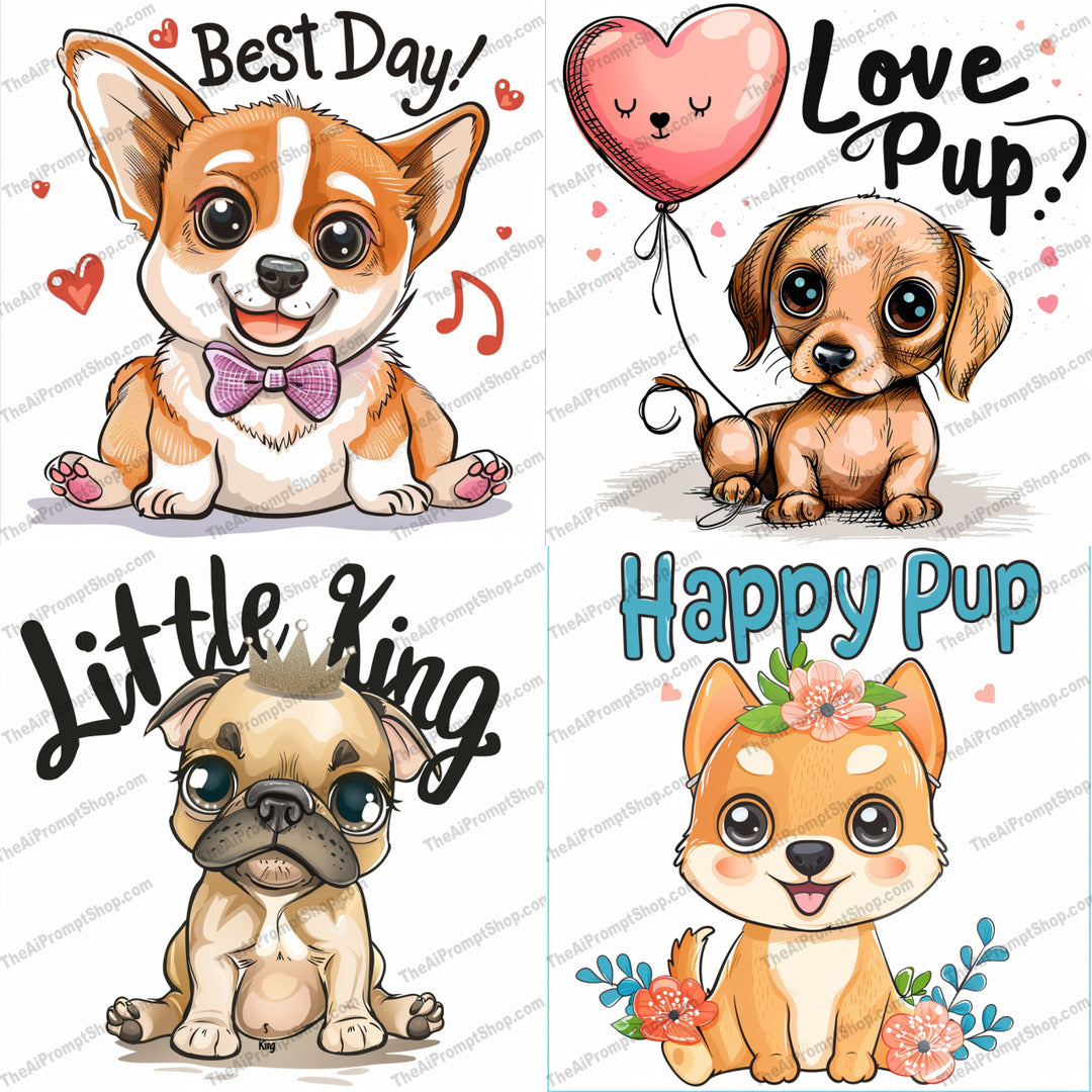 Cute Puppy Cartoon Art AI MidJourney Image Prompt, 8763 Animals, midjourney, cute, puppy, cartoon, dog, illustration, adorable, playful, happy, art, kawaii, animal, breed, sweet, joyful, funny, love, smiling, heartwarming, whimsical, charming, Midjourney, Ai, Ai Image Prompt, Image Prompt, Prompt