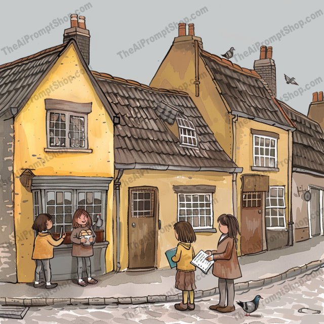 Charming Village Life Illustration AI MidJourney Image Prompt, 8919 Animation & Cartoons, midjourney, village, nostalgic, storybook, illustration, charming, houses, shops, street scenes, soft colors, muted colors, detailed line work, warmth, serenity, whimsy, art, quaint, village life, classic, heritage, beautifully depicted, Midjourney, Ai, Ai Image Prompt, Image Prompt, Prompt
