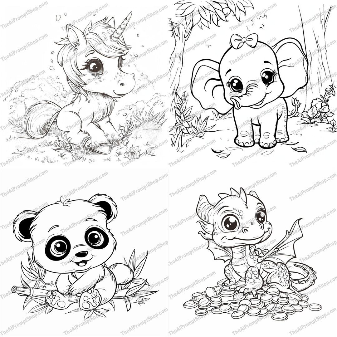 Cute Baby Animals Coloring Page AI MidJourney Image Prompt, 8904 Animals, midjourney, cute, baby animals, unicorn, elephant, panda, dragon, coloring page, whimsical, adorable, children, expressive eyes, charming, fun, detailed, art, illustration, kid-friendly, fantasy, nature, storybook, Midjourney, Ai, Ai Image Prompt, Image Prompt, Prompt