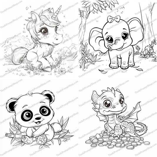 Cute Baby Animals Coloring Page AI MidJourney Image Prompt, 8904 Animals, midjourney, cute, baby animals, unicorn, elephant, panda, dragon, coloring page, whimsical, adorable, children, expressive eyes, charming, fun, detailed, art, illustration, kid-friendly, fantasy, nature, storybook, Midjourney, Ai, Ai Image Prompt, Image Prompt, Prompt