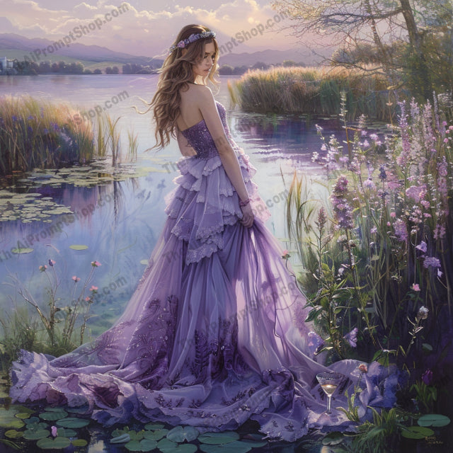 Dreamy Forest Princess AI MidJourney Image Prompt, 8659Ai, Ai Image Prompt, Animation & Cartoons, art, beauty, dreamy, elegant, enchanting, ethereal, fantasy, flowers, forest, gown, Image Prompt, lake, magical, midjourney, mystical, nature, princess, Prompt, romantic, scenic, serene, tranquil, woodland