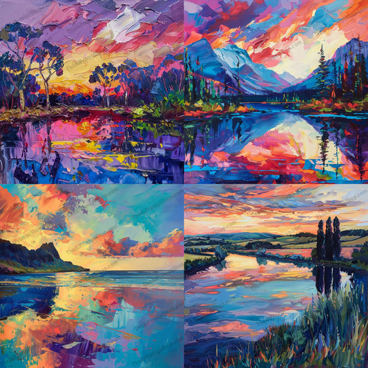 Vibrant Landscape Painting AI MidJourney Image Prompt, 9641 Landscapes & Paintings, midjourney, landscape, painting, colorful, vibrant, reflections, water, serene, brushstrokes, art, dynamic, bold, nature, scenic, view, sunset, dawn, trees, sky, river, lake, Midjourney, Ai, Ai Image Prompt, Image Prompt, Prompt