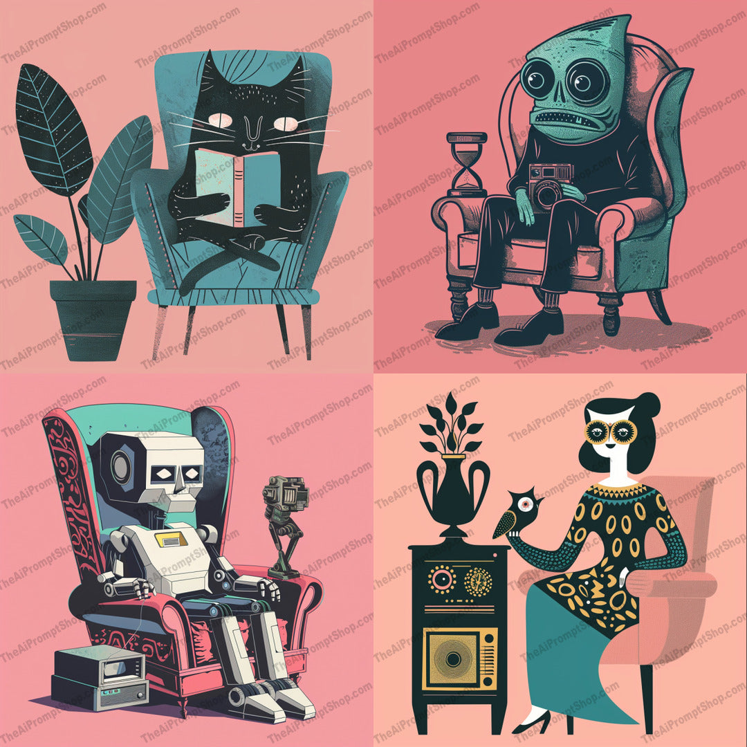 Retro Futuristic Character Illustrations AI MidJourney Image Prompt, 9413 Character Art, midjourney, retro, futuristic, character, illustration, vintage, whimsical, robot, alien, mid-century, modern, nostalgic, minimalist, art, creative, unique, colorful, design, fantasy, surreal, expression, Midjourney, Ai, Ai Image Prompt, Image Prompt, Prompt