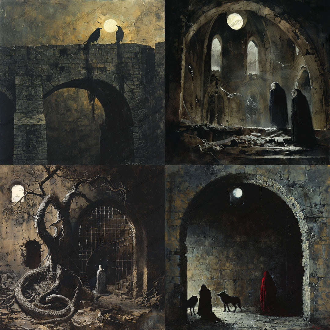 Gothic Ruins AI MidJourney Image Prompt, 8926 Fantasy, midjourney, gothic, ruins, eerie, full moon, dark fantasy, mystery, ancient, crumbling architecture, haunting, cloaked figures, trees, dark, gothic horror, night, gothic art, mysterious, intrigue, dark setting, fantasy, moody atmosphere, Midjourney, Ai, Ai Image Prompt, Image Prompt, Prompt