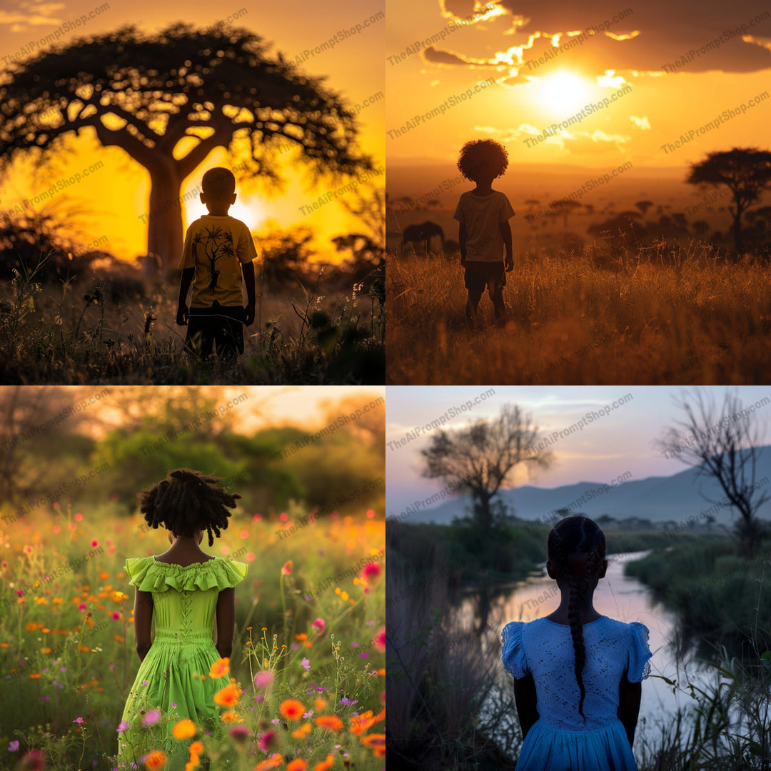 Children in Nature AI MidJourney Image Prompt, 8647Ai, Ai Image Prompt, Animation & Cartoons, backlight, beauty, children, flowers, grassland, Image Prompt, innocence, landscape, meditation, midjourney, mindfulness, nature, outdoors, peaceful, Prompt, reflection, scenery, serene, silhouette, solitude, sunset, tranquility, wildlife