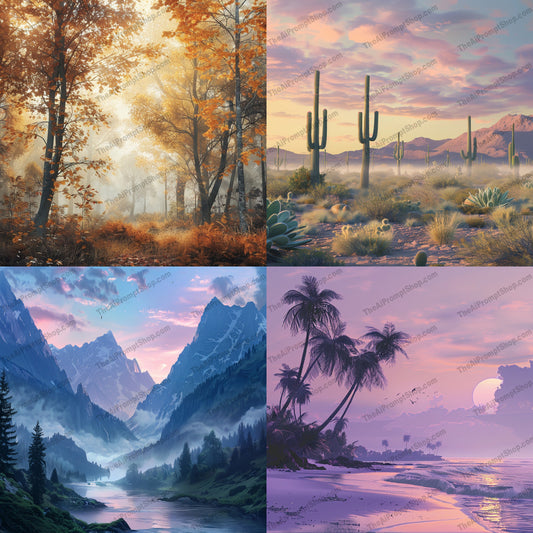 Scenic Landscapes AI MidJourney Image Prompt, 8931 Landscapes & Paintings, midjourney, landscape, nature, forest, autumn, desert, cacti, mountains, twilight, beach, sunset, tropical, serene, tranquil, scenic, habitat, outdoors, majestic, forest light, mountain range, coastal, Midjourney, Ai, Ai Image Prompt, Image Prompt, Prompt