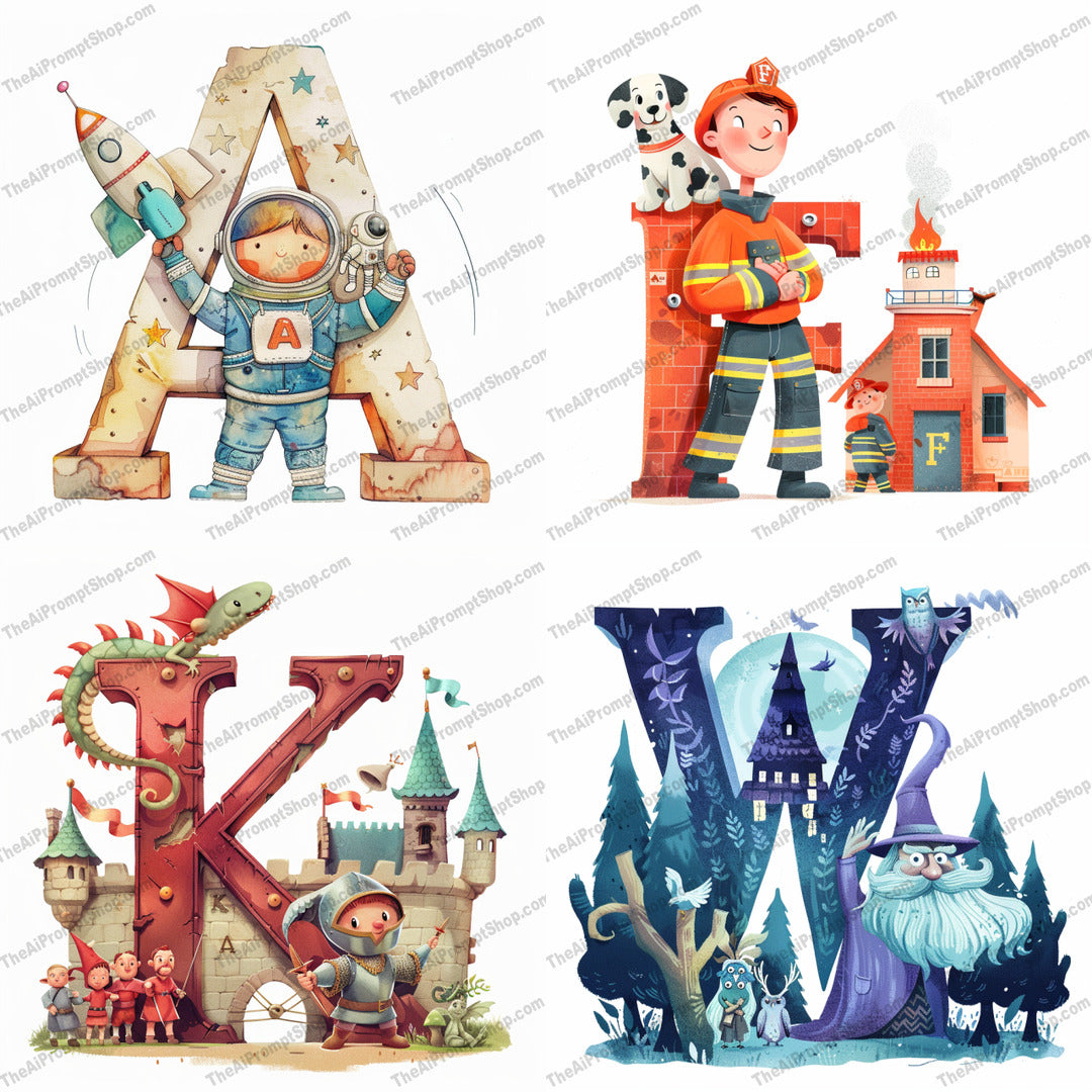 Storybook Alphabet Letters AI MidJourney Image Prompt, 9166 Logos, midjourney, alphabet, storybook, illustration, children, whimsical, colorful, education, A, F, K, W, letters, cartoon, characters, art, drawing, creative, design, kids, learning, Midjourney, Ai, Ai Image Prompt, Image Prompt, Prompt