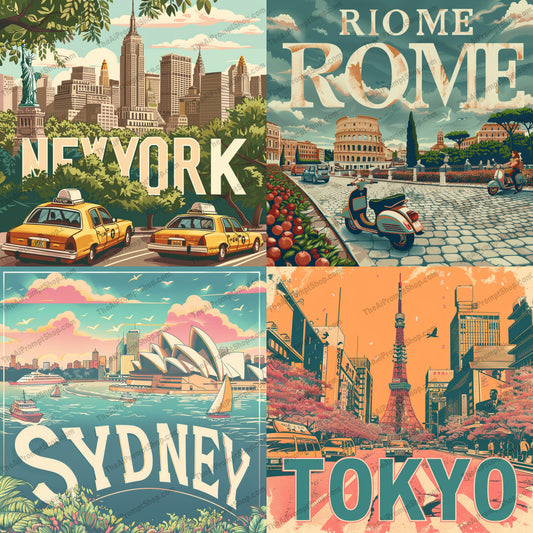 Vintage Travel Poster AI MidJourney Image Prompt, 9237 Landscapes & Paintings, midjourney, vintage, travel, poster, New York, Rome, Sydney, Tokyo, landmarks, cityscape, nostalgic, illustration, tourism, adventure, wanderlust, art, classic, retro, urban, metropolitan, sightseeing, graphic design, Midjourney, Ai, Ai Image Prompt, Image Prompt, Prompt