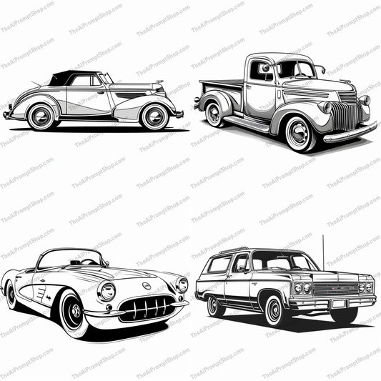 Vintage Cars Line Art AI MidJourney Image Prompt, 8960 Animation & Cartoons, midjourney, vintage, cars, line art, illustration, black and white, classic, automobiles, detailed, drawn, artwork, transportation, retro, vehicle, car enthusiasts, nostalgia, art, design, sketch, antique, 1970s, Midjourney, Ai, Ai Image Prompt, Image Prompt, Prompt