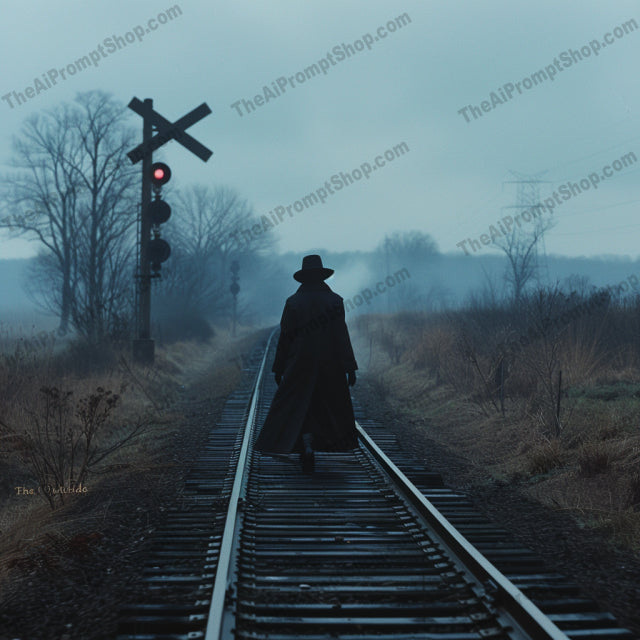 Mysterious Night Walk AI MidJourney Image Prompt, 8898 Animation & Cartoons, midjourney, mystery, night, solitude, lone figure, darkness, rain, urban, railway, mist, fog, nostalgia, intrigue, silhouette, lamp post, street, abandoned, moody, eerie, quiet, contemplative, Midjourney, Ai, Ai Image Prompt, Image Prompt, Prompt
