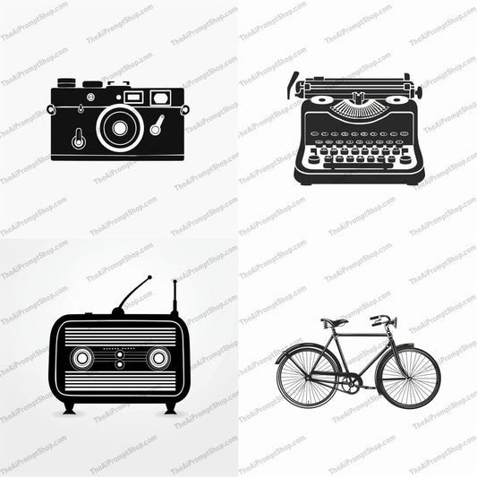 Retro Tech Silhouettes AI MidJourney Image Prompt, 9335 Isometrics & Icons, midjourney, retro, vintage, technology, camera, typewriter, radio, bicycle, silhouette, black and white, minimalist, classic, history, nostalgia, timeless, iconic, old-fashioned, stylish, design, antique, collectible, Midjourney, Ai, Ai Image Prompt, Image Prompt, Prompt