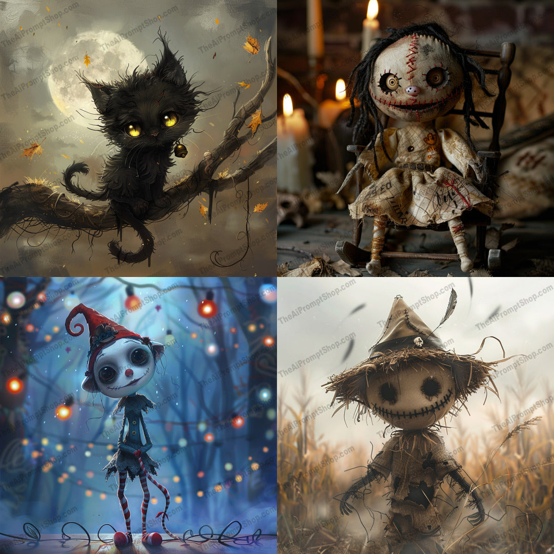 Whimsical Creepy Characters AI MidJourney Image Prompt, 9193 Scary & Horror, midjourney, whimsical, creepy, dark fantasy, eerie, charming, spooky, illustrations, characters, nightmare, artistic, black cat, rag doll, scarecrow, moonlit, candles, autumn leaves, enchanted, handmade, halloween, children's book, oddities, fantastical, surreal, Midjourney, Ai, Ai Image Prompt, Image Prompt, Prompt