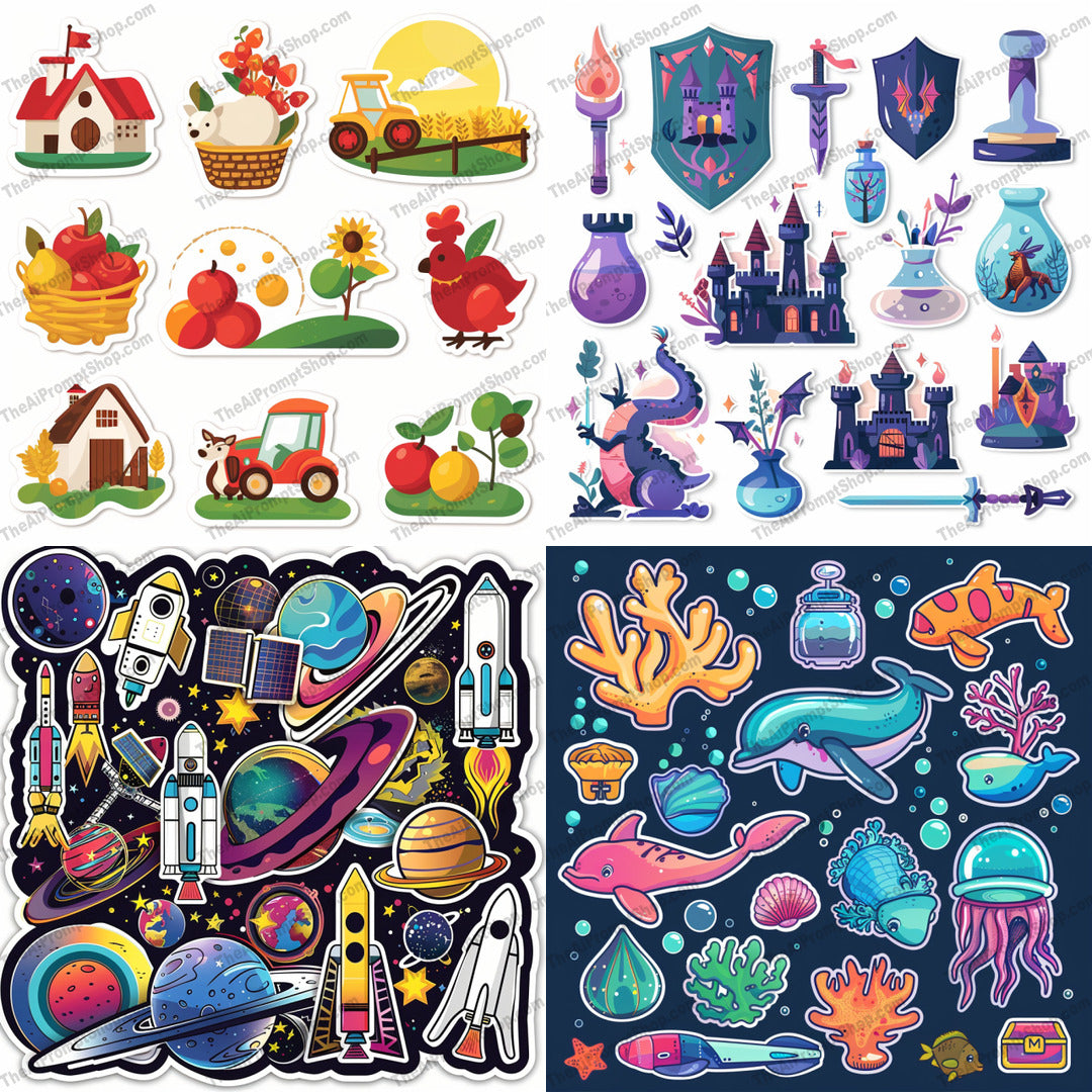 Colorful Sticker Collection AI MidJourney Image Prompt, 9172 Stickers, midjourney, stickers, colorful, farm, medieval, fantasy, space, underwater, playful, whimsical, crafts, decorations, fun, vibrant, tractor, castle, rocket, fish, planets, dragons, coral, animals, Midjourney, Ai, Ai Image Prompt, Image Prompt, Prompt