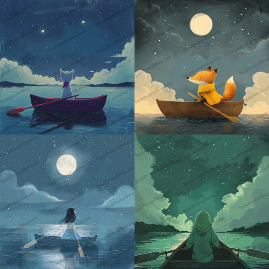 Whimsical Night Rowing AI MidJourney Image Prompt, 9342 Landscapes & Paintings, midjourney, whimsical, night, rowing, boat, serene, star-filled, sky, calm, tranquil, water, soft colors, dreamy, peace, wonder, nighttime, illustration, character, moonlight, paddle, starry night, Midjourney, Ai, Ai Image Prompt, Image Prompt, Prompt