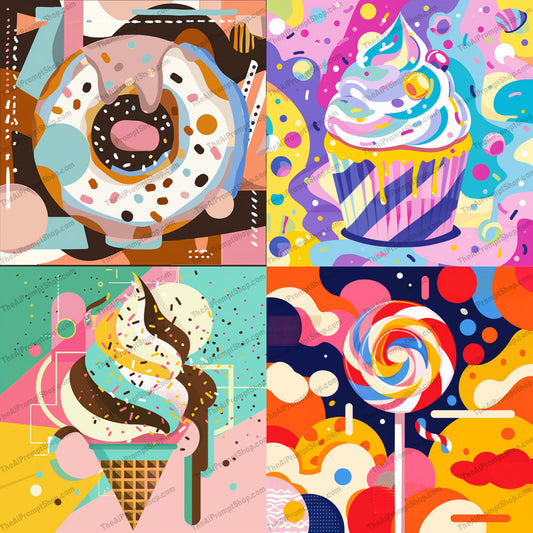 Vibrant Sweet Treats AI MidJourney Image Prompt, 8906 Food, midjourney, donut, cupcake, ice cream, lollipop, sweet treats, desserts, abstract art, colorful, vibrant, playful, modern art, digital illustration, confectionery, food art, sugar, whimsical, bold shapes, contemporary, sweets, eye-catching, Midjourney, Ai, Ai Image Prompt, Image Prompt, Prompt