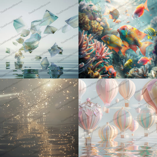 Surreal Fantasy Art AI MidJourney Image Prompt, 9280 Fantasy, midjourney, surreal, fantasy, art, nature, underwater, fish, geometric, shapes, balloons, whimsical, reflection, serene, glittering, lights, colorful, pastel, dreamlike, artistic, calm, ethereal, Midjourney, Ai, Ai Image Prompt, Image Prompt, Prompt