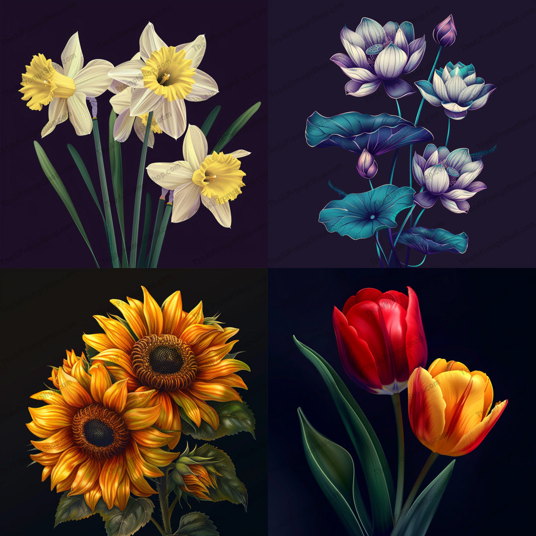 Vibrant Floral Art AI MidJourney Image Prompt, 9621 — A stunning floral art piece showcasing the beauty of nature with vivid, lifelike details — cover image