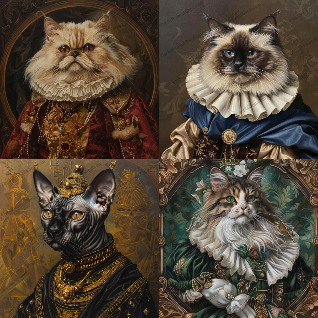 Regal Cat Portrait AI MidJourney Image Prompt, 8966 Animals, midjourney, regal, cat, portrait, royal, elegant, noble, luxurious, clothing, ornate, grand, majestic, feline, dignified, decorative, artistic, sophisticated, vintage, classic, royalty, detailed, Midjourney, Ai, Ai Image Prompt, Image Prompt, Prompt