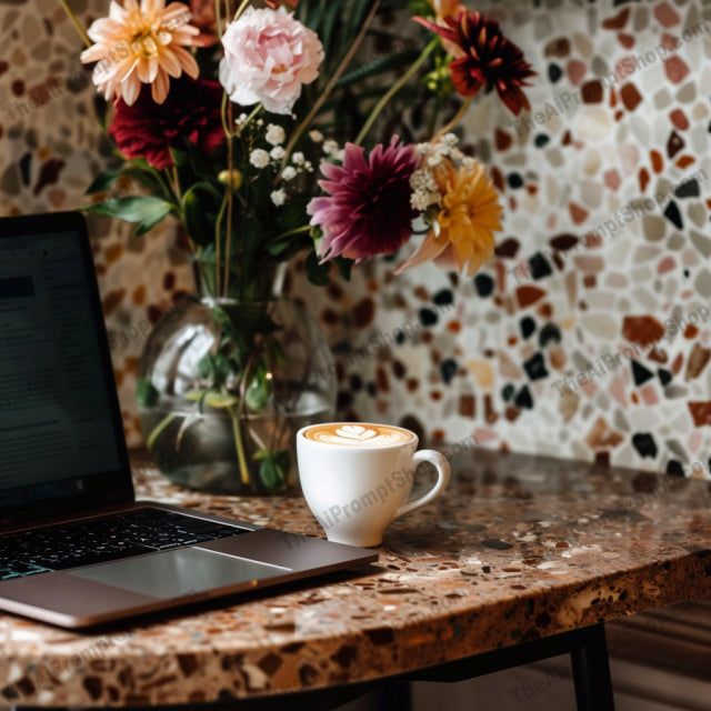 Vintage Workspace AI MidJourney Image Prompt, 9143 Florals, midjourney, vintage, workspace, typewriter, flowers, vases, notebooks, laptop, retro, cozy, creative, study, work, aesthetic, decor, desk, marble, terrazzo, writing, journal, office, Midjourney, Ai, Ai Image Prompt, Image Prompt, Prompt