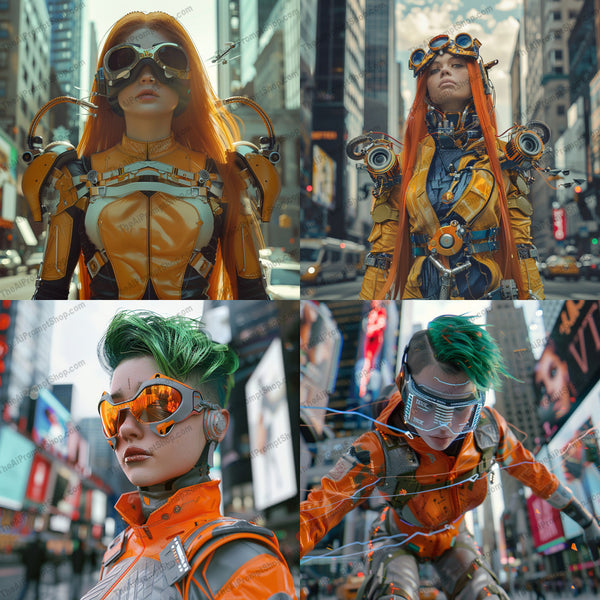 Futuristic cyborg in urban setting illustration in a cinematic style created from an AI image prompt.