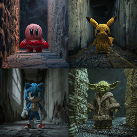 Crocheted Characters in Moody Alley AI MidJourney Image Prompt, 9130 Character Art, midjourney, crochet, handmade, characters, colorful, dimly lit, moody, intricate, craft, yarn, art, craftsmanship, crocheted figures, whimsical, artsy, dim light, shadowy, textured, creative, artistic, atmospheric, Midjourney, Ai, Ai Image Prompt, Image Prompt, Prompt