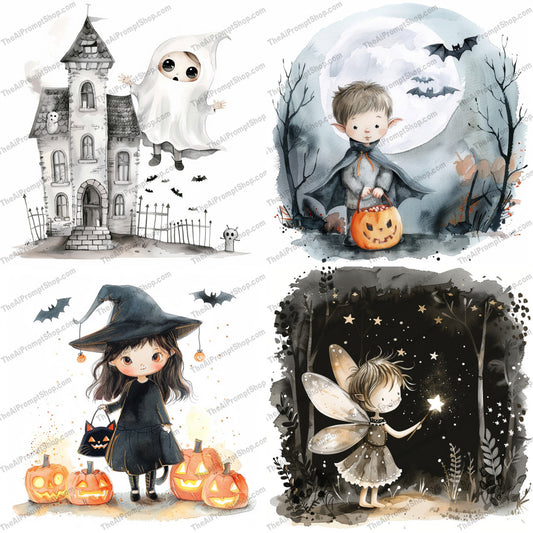 Whimsical Halloween Scenes AI MidJourney Image Prompt, 9064 Holidays, midjourney, Halloween, whimsical, spooky, enchanting, illustration, night, characters, magic, pumpkins, witch, ghost, bats, stars, costumes, fairy, haunted, house, lantern, fall, autumn, Midjourney, Ai, Ai Image Prompt, Image Prompt, Prompt