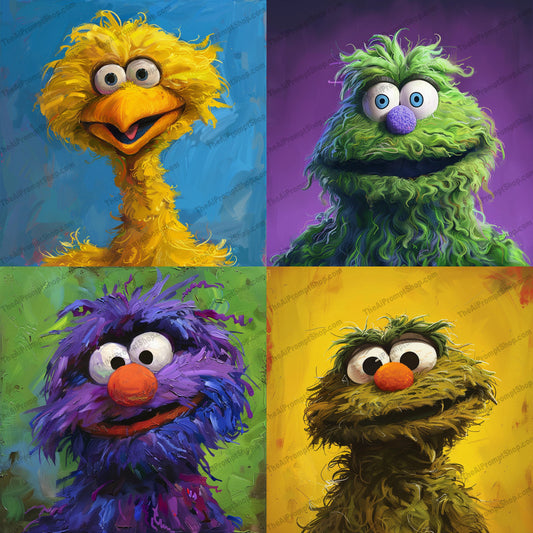 Colorful Muppet Characters AI MidJourney Image Prompt, 9473 Animation & Cartoons, midjourney, Muppet, characters, colorful, vibrant, expressive, illustration, dynamic, brushstrokes, textured, Sesame Street, Big Bird, Oscar the Grouch, Grover, abstract, artistic, childhood, nostalgia, happy, playful, fun, Midjourney, Ai, Ai Image Prompt, Image Prompt, Prompt