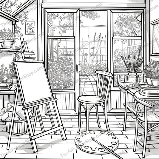 Cozy Interior Scenes AI MidJourney Image Prompt, 9382 Coloring Pages, midjourney, Cozy Interior, Artist Studio, Comfortable Bedroom, Modern Kitchen, Garden Patio, Black and White, Detailed Illustration, Intricate Design, Warm Atmosphere, Inviting, Home Decor, Interior Design, Stylish, Artistic, Creative Space, Relaxing, Peaceful, Serene, Charming, Elegant, Midjourney, Ai, Ai Image Prompt, Image Prompt, Prompt