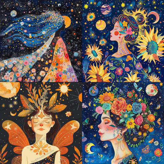 Starlit Floral Fantasy AI MidJourney Image Prompt, 8979 Florals, midjourney, starlit, floral, fantasy, enchanting, whimsical, celestial, cosmic, night, ethereal, magical, dreamy, vibrant, flowers, characters, moon, stars, planets, nature, art, illustration, Midjourney, Ai, Ai Image Prompt, Image Prompt, Prompt