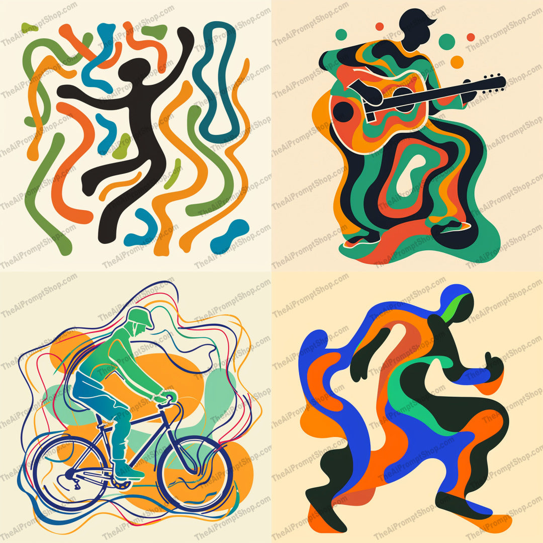 Colorful Abstract Figures AI MidJourney Image Prompt, 8959 Animation & Cartoons, midjourney, abstract, colorful, vibrant, dynamic, fluid lines, shapes, human figures, dancing, playing guitar, cycling, running, energy, bold colors, patterns, modern art, expressive, movement, creative, artistic, unique, Midjourney, Ai, Ai Image Prompt, Image Prompt, Prompt