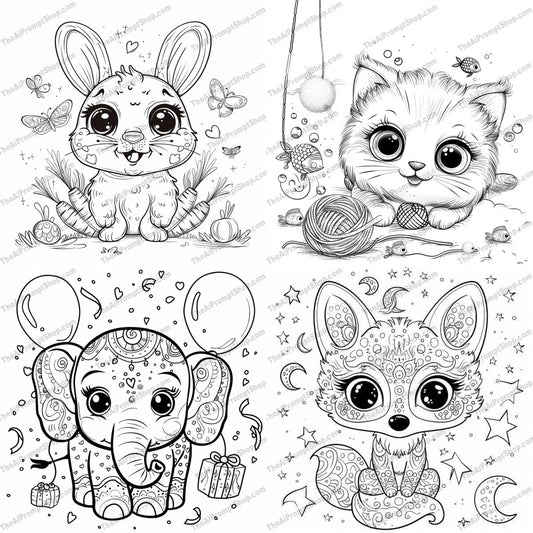 Cute Animal Illustrations AI MidJourney Image Prompt, 9648 Coloring Pages, midjourney, cute animals, adorable illustrations, bunny, kitten, elephant, fox, animal art, whimsical, detailed drawings, large eyes, playful art, charming designs, butterflies, yarn, balloons, stars, kids art, storybook, illustrations, animal characters, Midjourney, Ai, Ai Image Prompt, Image Prompt, Prompt