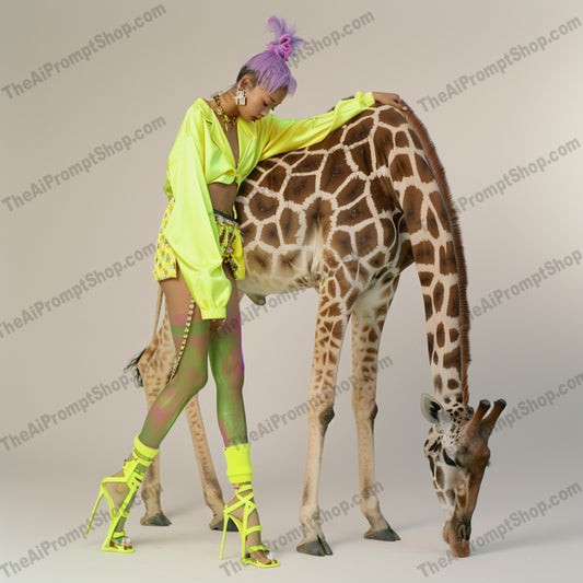 Fashion with Exotic Animals AI MidJourney Image Prompt, 9404 Fashion & Accessories, midjourney, fashion, exotic animals, vibrant colors, avant-garde, wildlife, giraffe, elephant, tiger, lion, neon outfits, high fashion, bold style, unique fashion, fashion photography, animal photography, edgy fashion, style, modeling, fashion poses, wildlife imagery, Midjourney, Ai, Ai Image Prompt, Image Prompt, Prompt