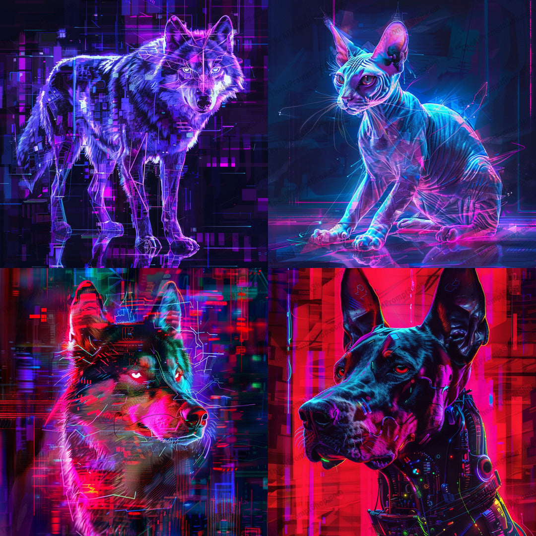 Neon Glitch Animals AI MidJourney Image Prompt, 8774 Animals, midjourney, neon, glitch, animals, digital, futuristic, vibrant, luminescent, art, modern, edgy, neon lights, urban, contemporary, wildlife, electronic, cyber, cool, stylized, artistic, trendy, Midjourney, Ai, Ai Image Prompt, Image Prompt, Prompt