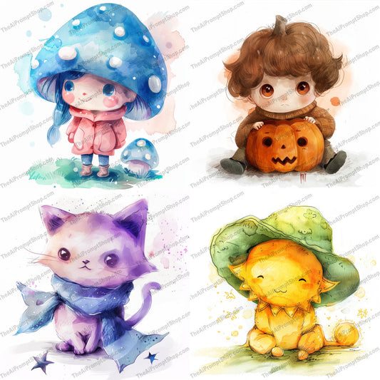 Cute Watercolor Characters AI MidJourney Image Prompt, 9441 Anime, midjourney, cute, watercolor, characters, illustration, pastel colors, whimsical, adorable, expressive eyes, joyful, playful, art, cartoon, fantasy, gentle, soft hues, paint, design, prints, decor, youthful, Midjourney, Ai, Ai Image Prompt, Image Prompt, Prompt