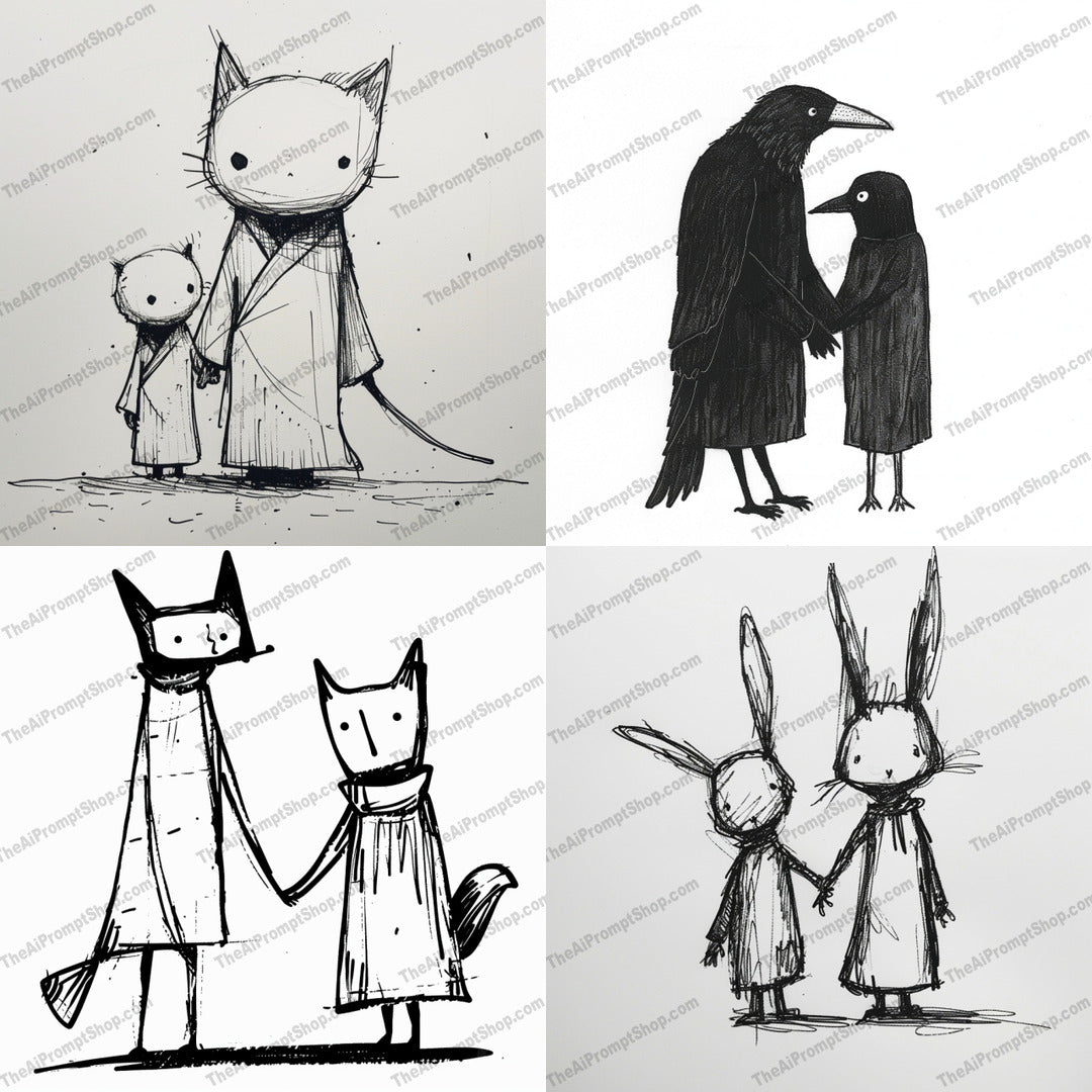 Monochrome Animal Pairings AI MidJourney Image Prompt, 9197 Animals, midjourney, monochrome, minimalistic, illustration, sketch-like, animal pairs, whimsical, storybook, animals in robes, black and white, line art, simplicity, cute animals, artistic, hand-drawn, characters, fine lines, companionship, friendship, adorable, ink drawing, Midjourney, Ai, Ai Image Prompt, Image Prompt, Prompt