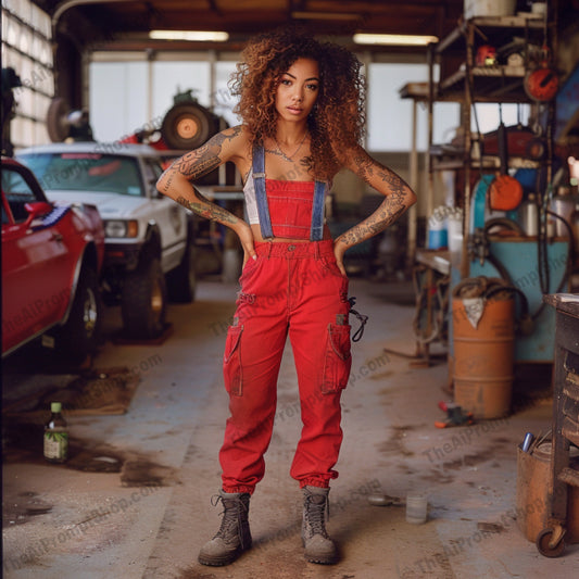 Mechanic Fashion in the Garage AI MidJourney Image Prompt, 9512 Character Art, midjourney, mechanic, fashion, garage, style, overalls, industrial, vintage cars, authentic, rugged, aesthetic, hard work, dedication, modern, colorful overalls, tattoos, edgy, raw, composition, industrial backdrop, vintage vehicles, Midjourney, Ai, Ai Image Prompt, Image Prompt, Prompt