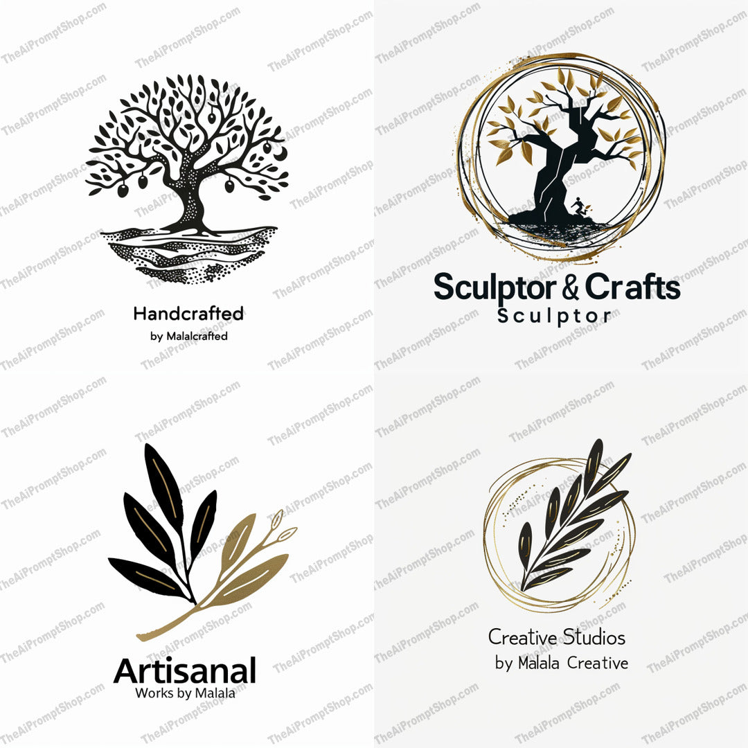 Handcrafted Artisan Logos AI MidJourney Image Prompt, 8640Ai, Ai Image Prompt, Art, Artisan, Branding, Business, Craft, Creative, Design, Elegant, Emblem, Handcrafted, Icon, Image Prompt, Logo, Logos, midjourney, Minimalist, Nature, Olive Branch, Prompt, Sculptor, Sophisticated, Studios, Tree, Unique