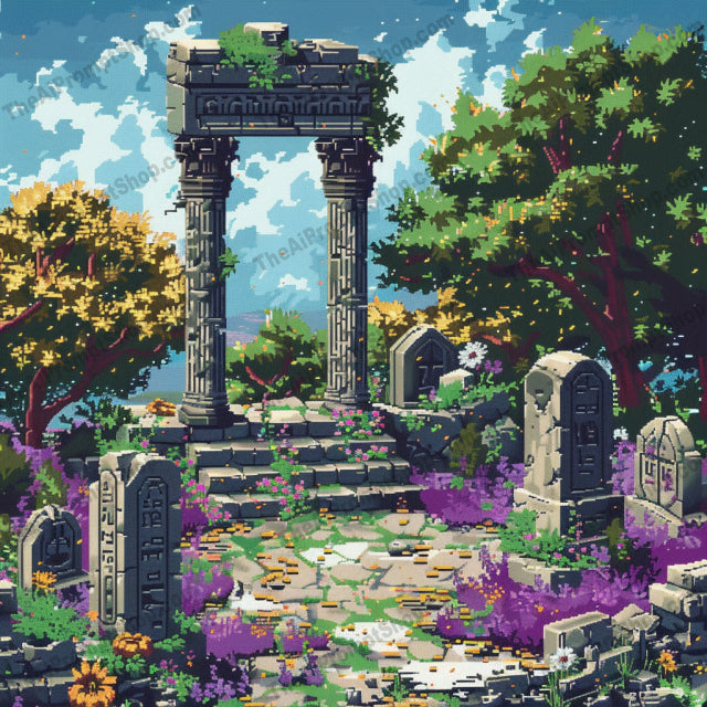 Pixel Art Cemetery Scene AI MidJourney Image Prompt, 8932 Animation & Cartoons, midjourney, pixel art, cemetery, haunting, serene, ancient gravestones, lush greenery, old architecture, mysterious, ethereal, tranquil, flowers, nature, night scene, gothic, fantasy, vintage, abandoned, moody, spooky, graveyard, Midjourney, Ai, Ai Image Prompt, Image Prompt, Prompt